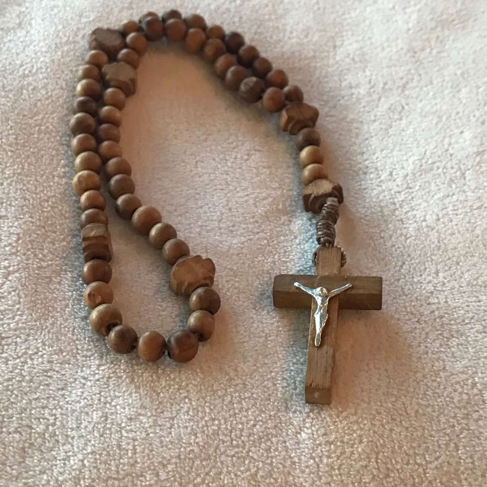 Handcrafted Wood Rosary Beads Cross Necklace Marked SA Religious Prayer Catholic